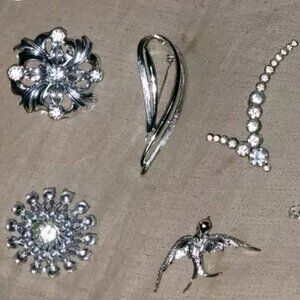 9 Vintage Silver Tone Brooches